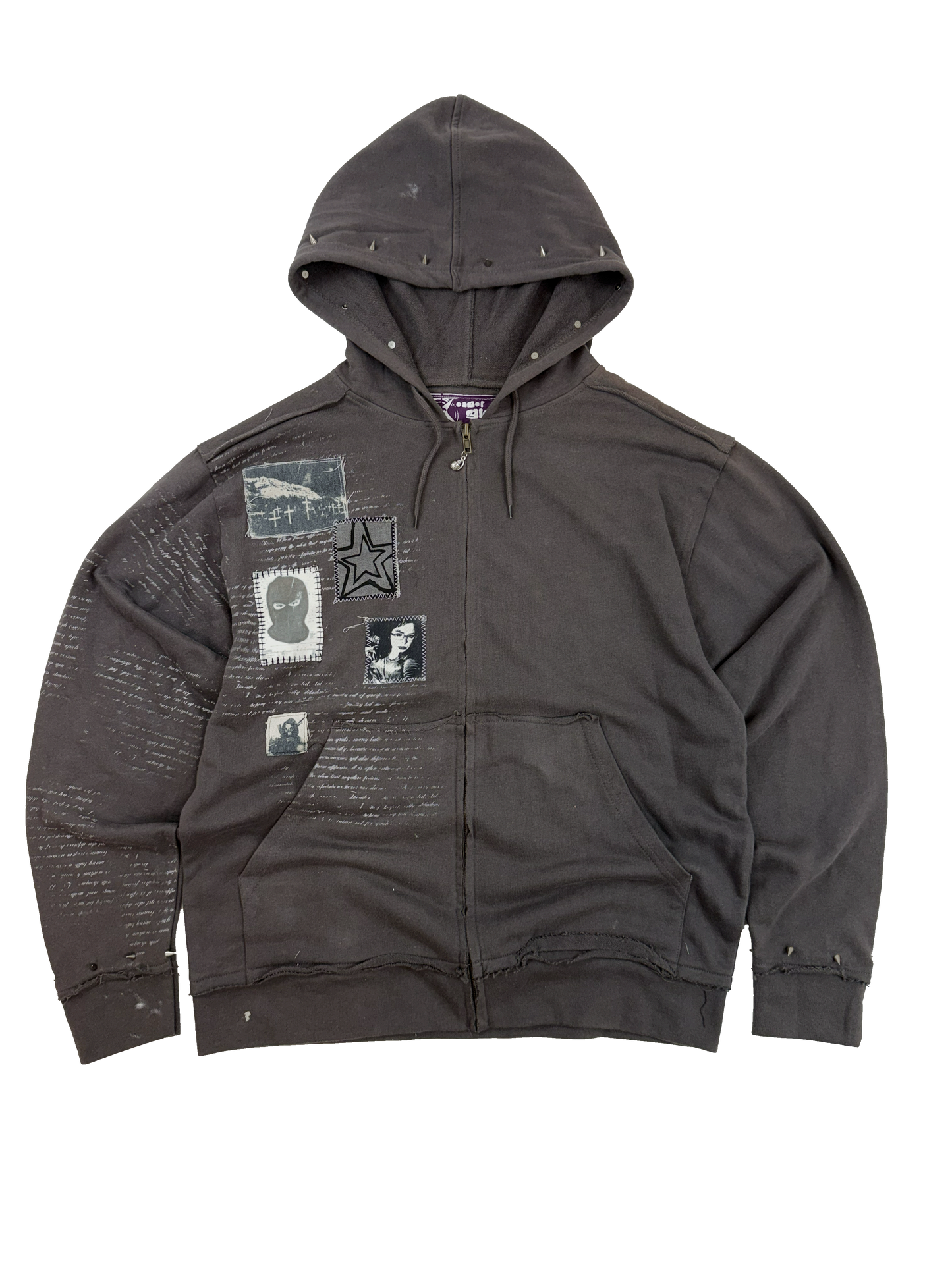 Dark gray jacket with patches on a white background